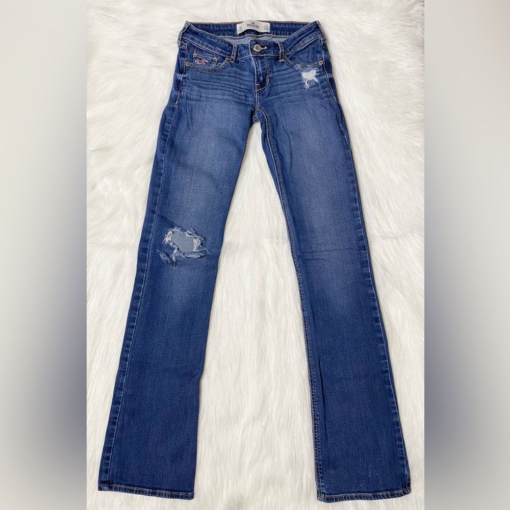 Juniors Hollister Mid Rise Knee Hole Distressed Bootcut Blue Jeans Size 0 Long